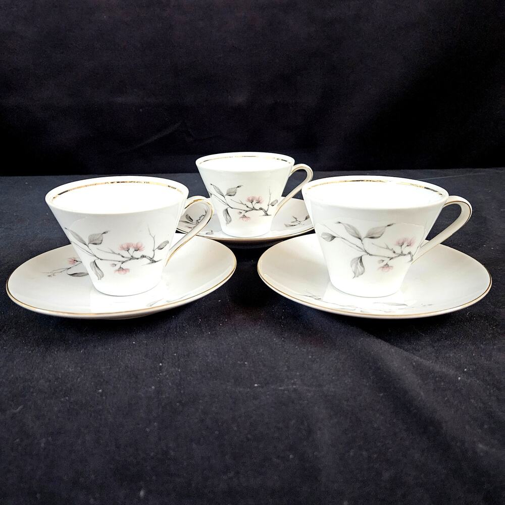 Schumann Arzburg Bavaria Tea Cup and Saucer Set of 3 Pink Flowers Gray‎ Branches